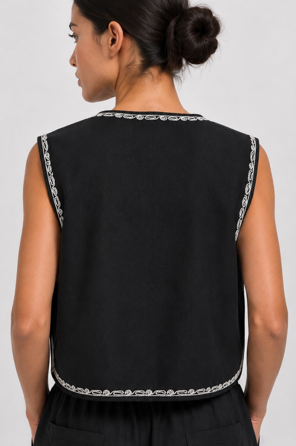 Black Arabesque Embroidered Linen Vest
