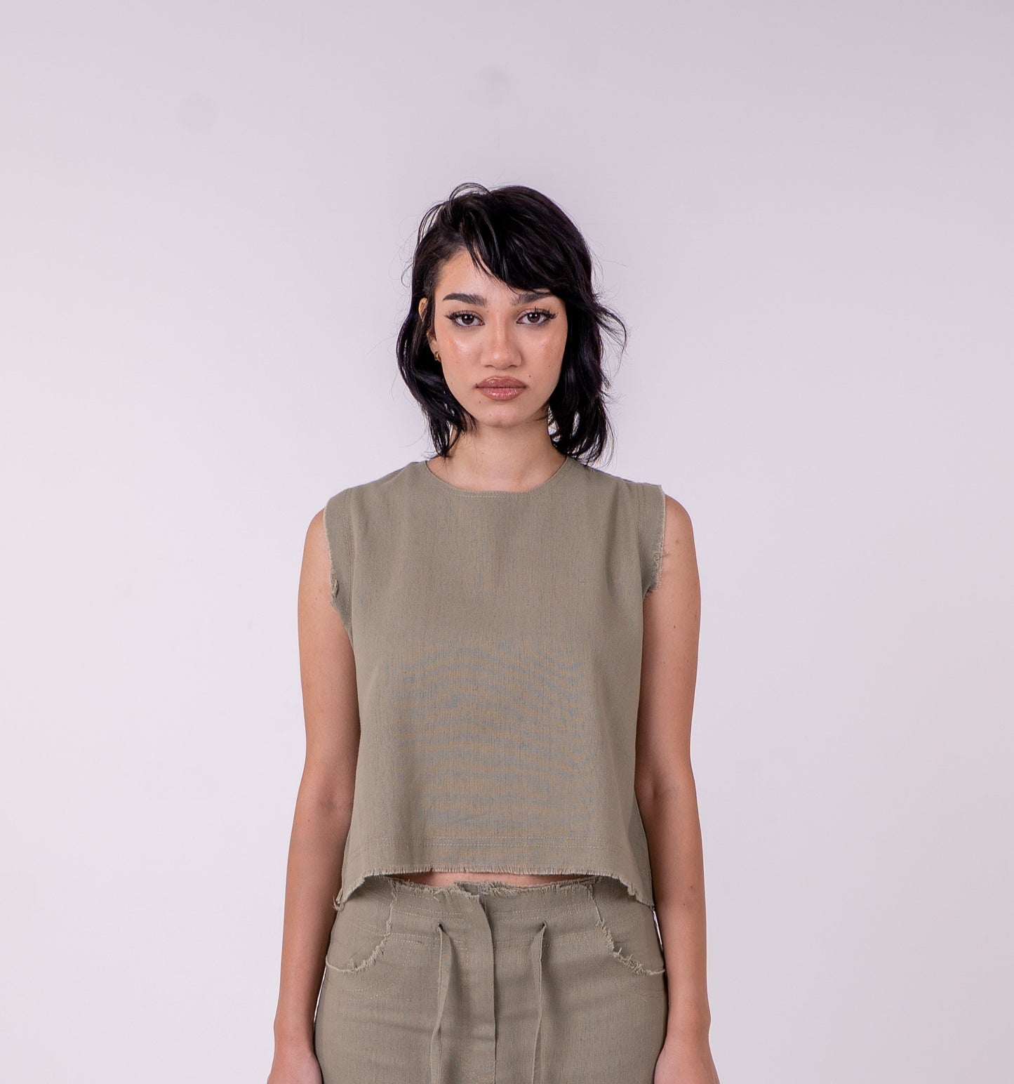 Olive Green Unfinished Linen Top