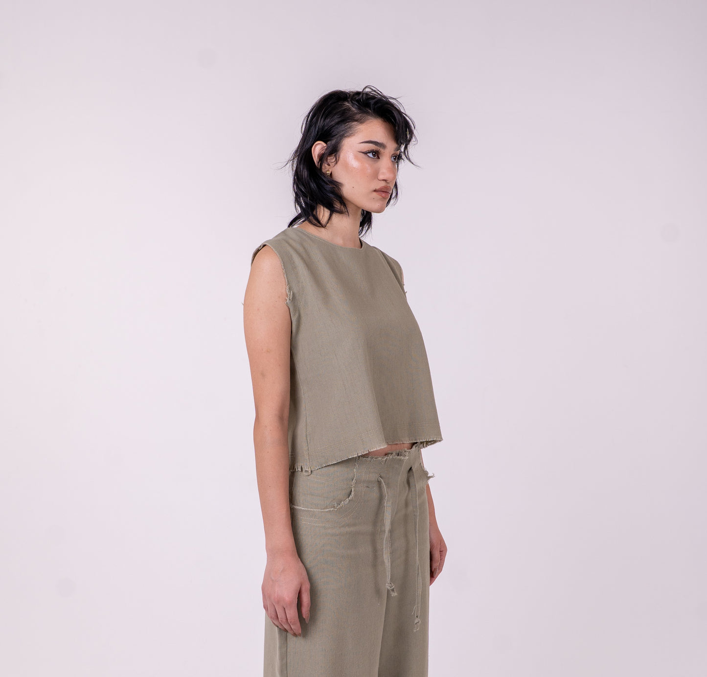 Olive Green Unfinished Linen Top