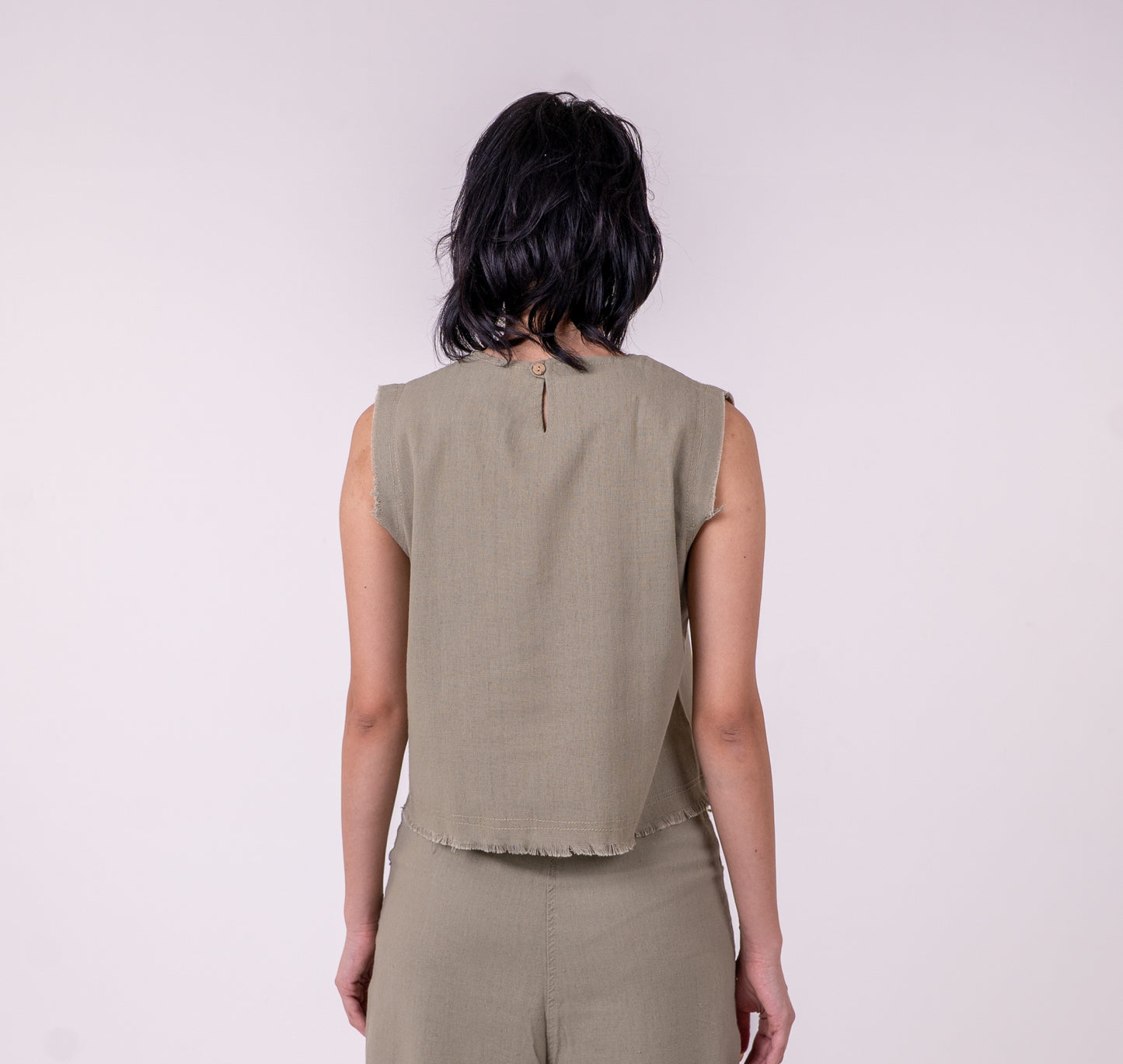 Olive Green Unfinished Linen Top