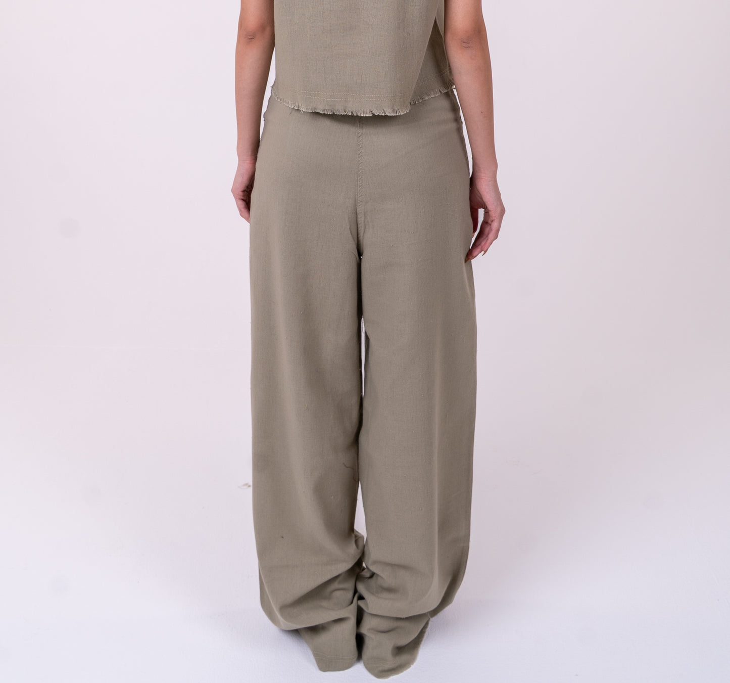 Olive Green Linen Wide-Leg Unfinished Pants