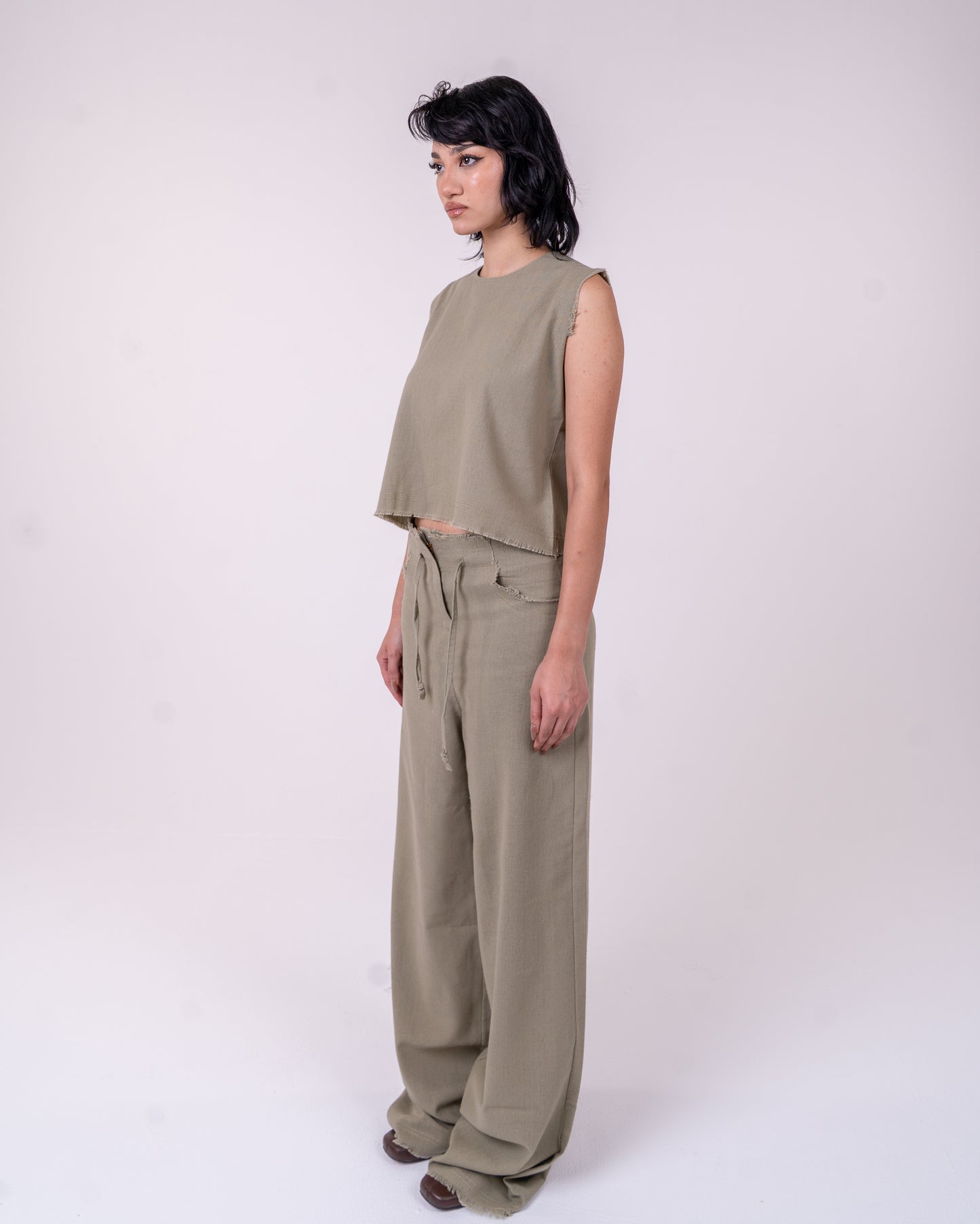 Olive Green Unfinished Linen Top