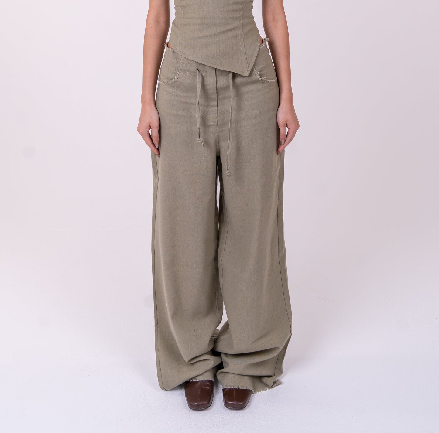 Olive Green Linen Wide-Leg Unfinished Pants