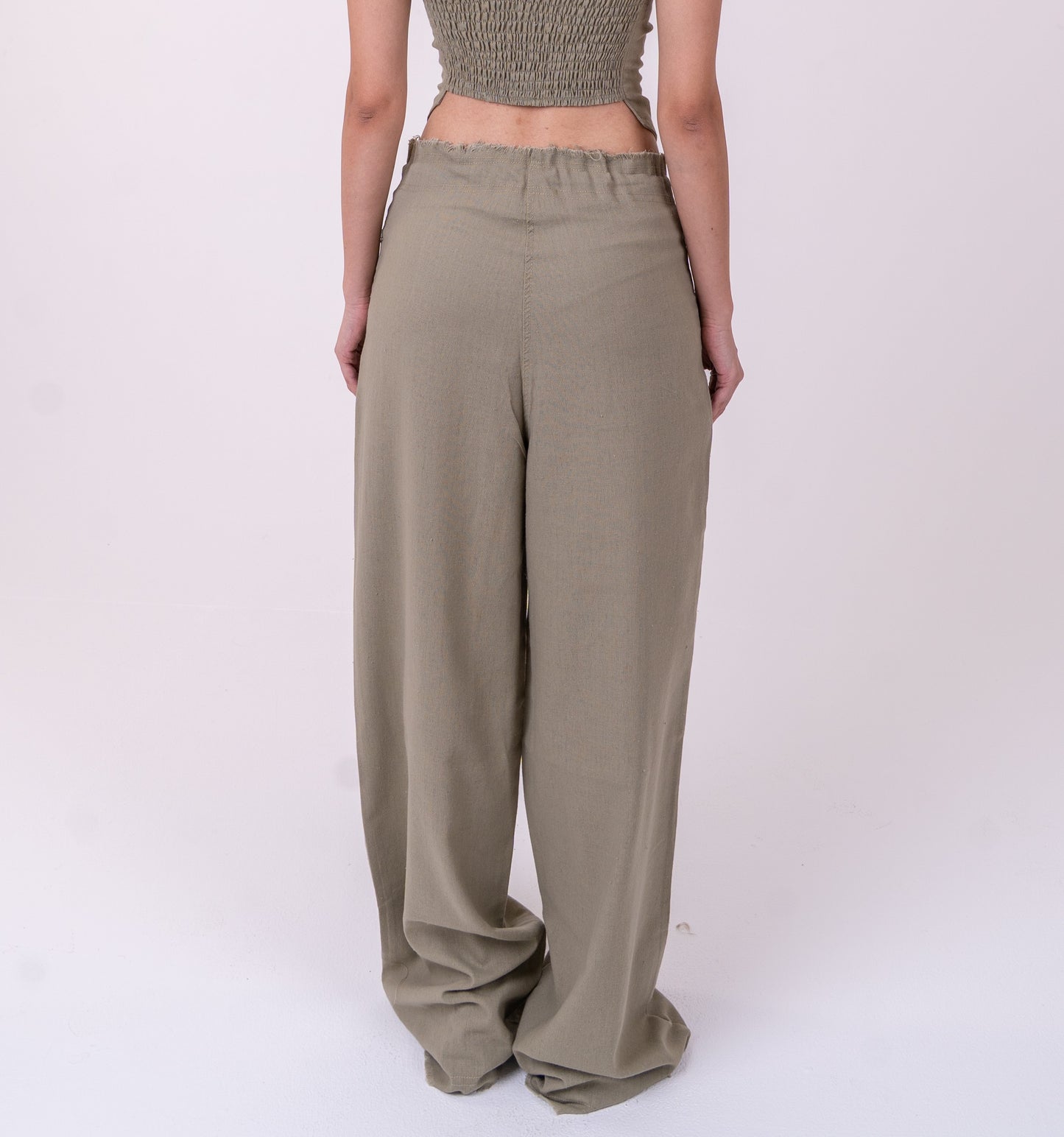 Olive Green Linen Wide-Leg Unfinished Pants