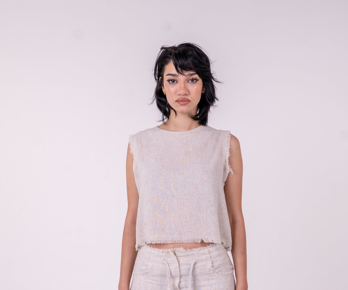 Beige Unfinished Linen Top