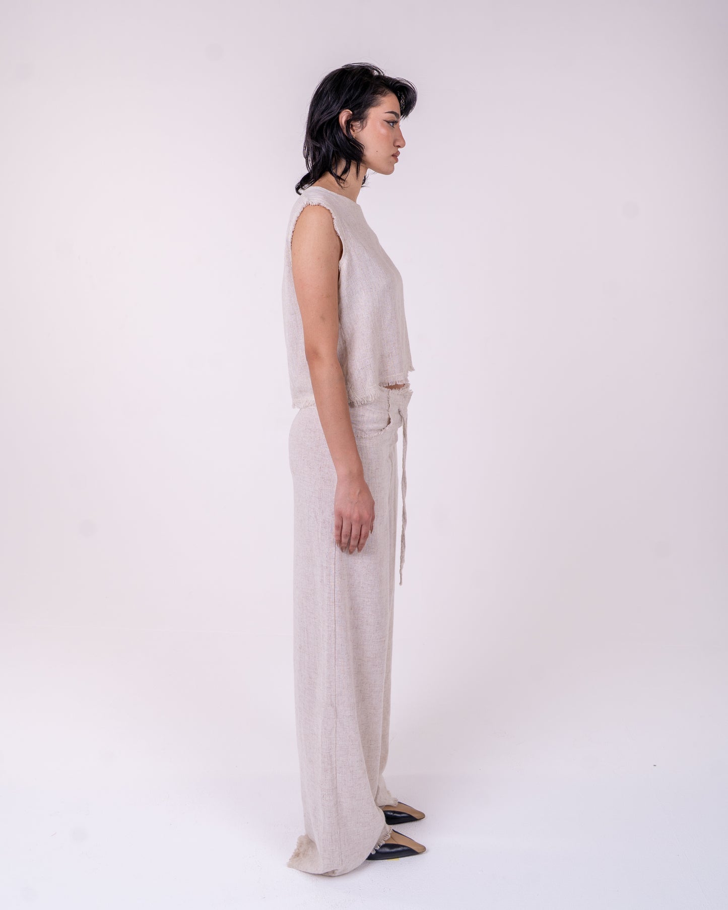 Beige Linen Wide-Leg Unfinished Pants