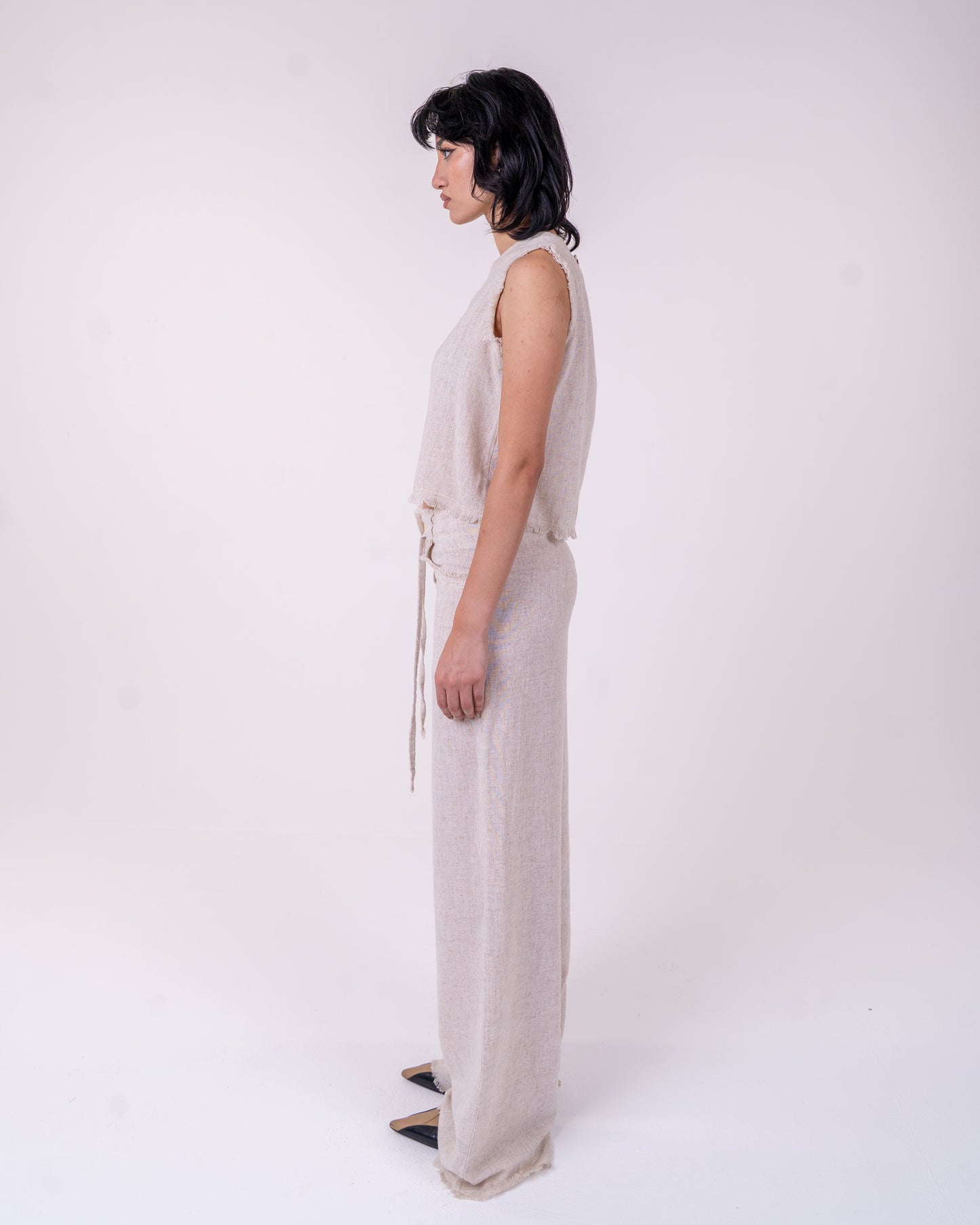 Beige Linen Wide-Leg Unfinished Pants