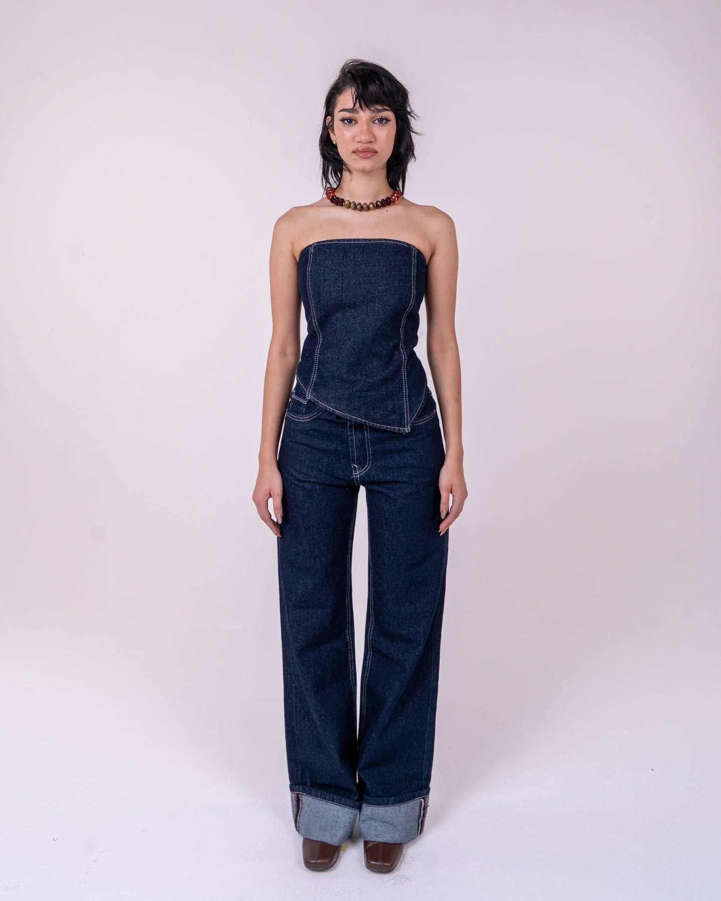 Navy Blue Denim Corset Set
