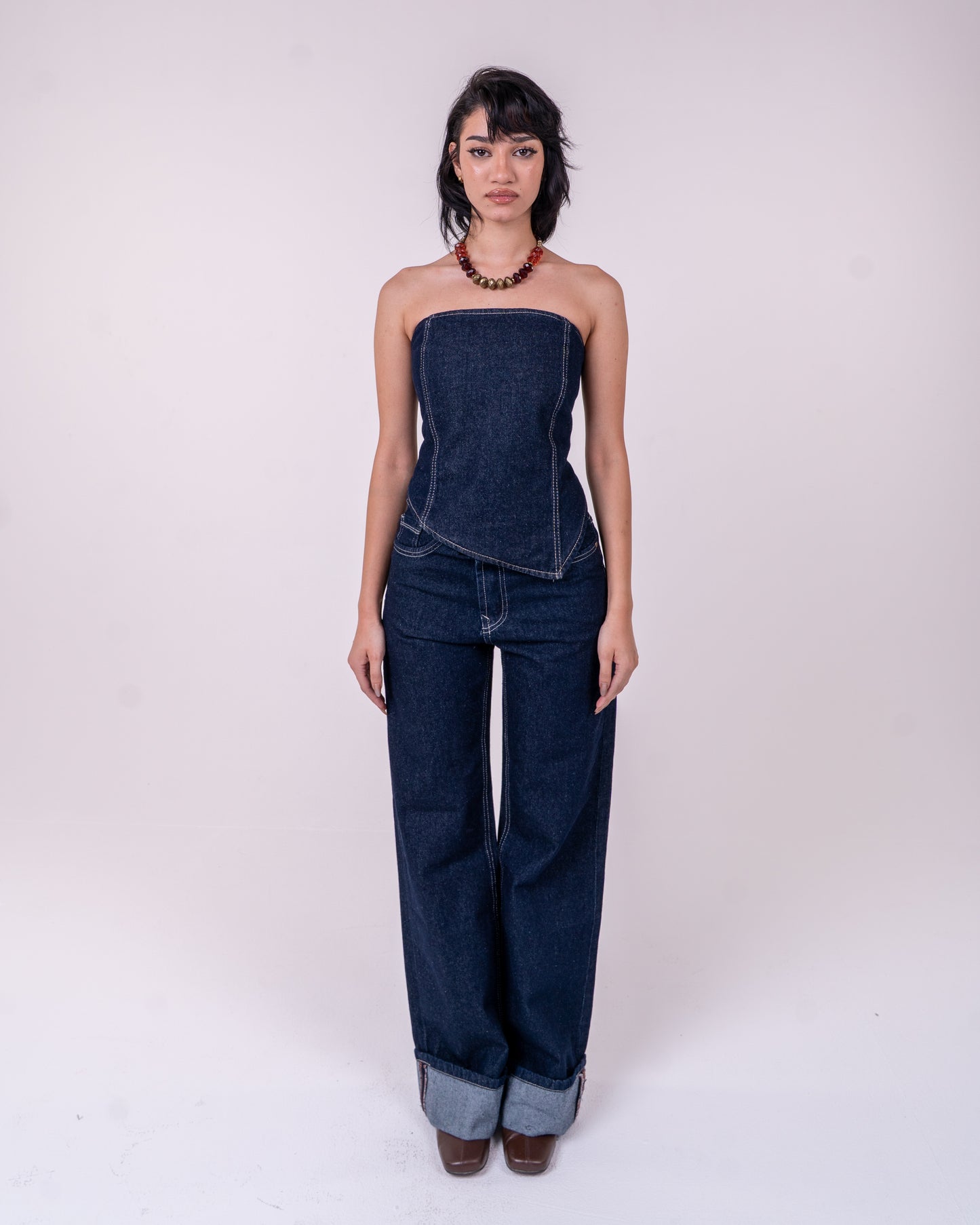 Navy Blue Denim Corset Set