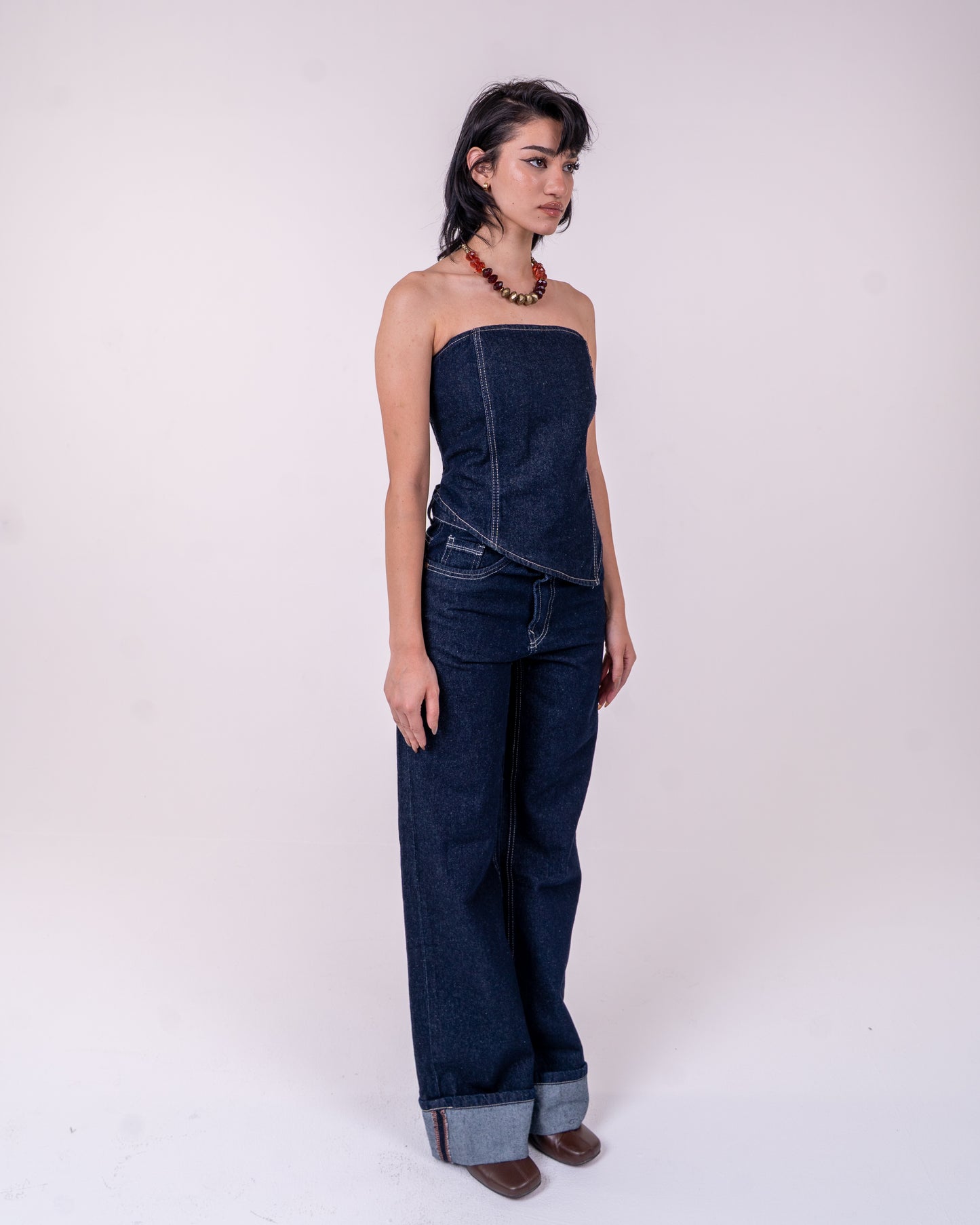 Navy Blue Denim Corset Set