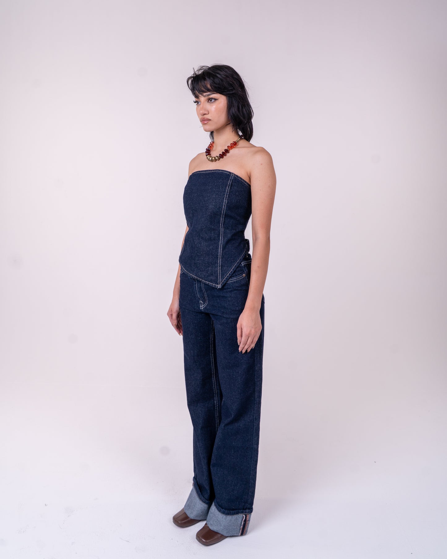 Navy Blue Denim Corset Set
