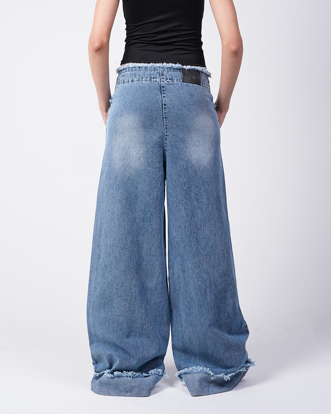 Blue Wide-Leg Unfinished Denim Pants