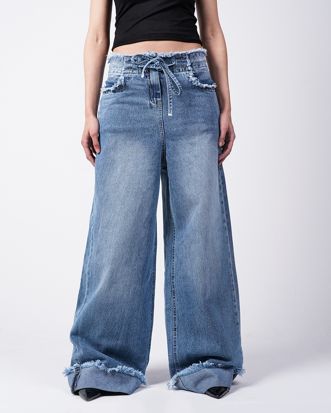 Blue Wide-Leg Unfinished Denim Pants