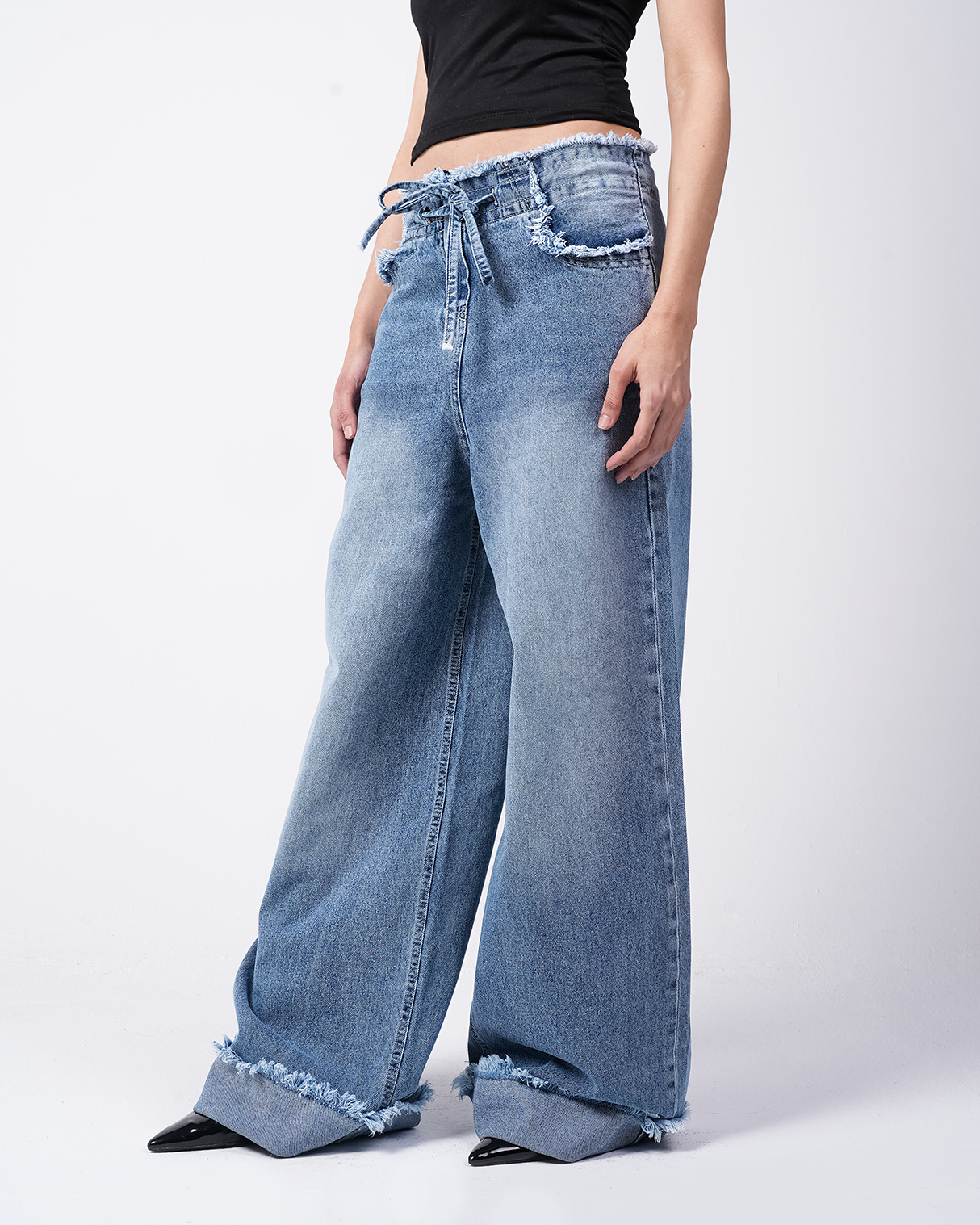 Blue Wide-Leg Unfinished Denim Pants