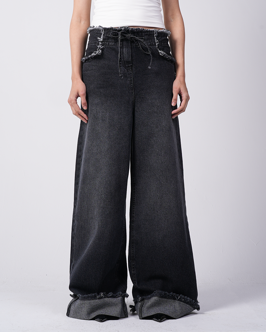 Black Wide-Leg Unfinished Denim Pants