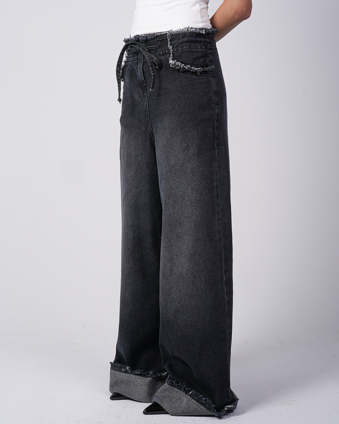 Black Wide-Leg Unfinished Denim Pants