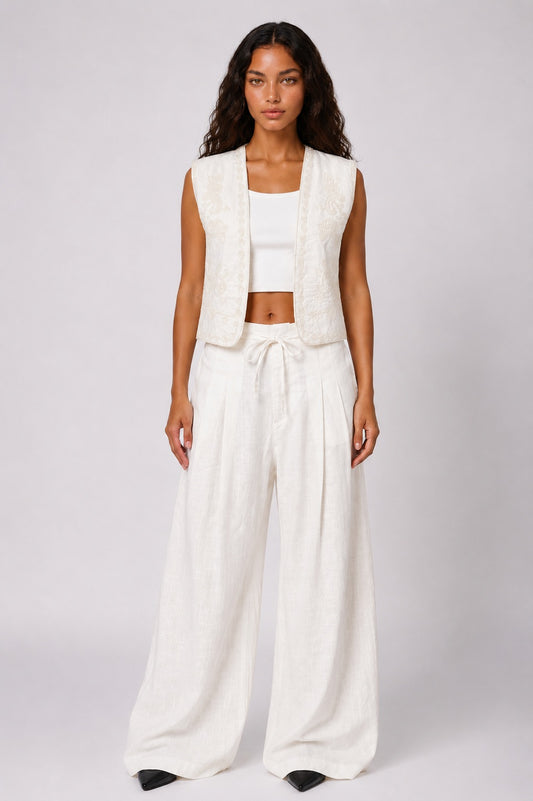 Off-White Arabesque Embroidered Linen Set