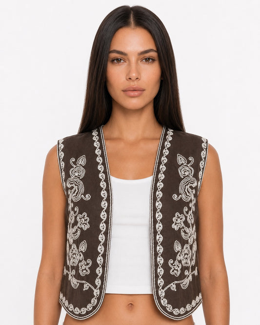 Brown Arabesque Embroidered Linen Vest