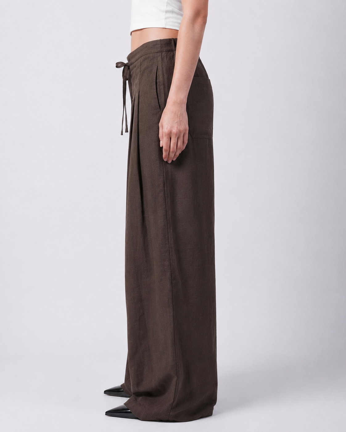 Brown Darted Wide-Leg Linen Pants