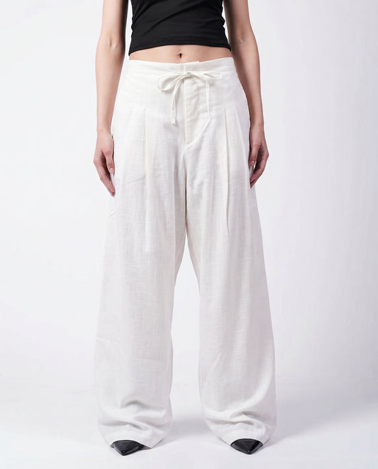 White Darted Wide-Leg Linen Pants
