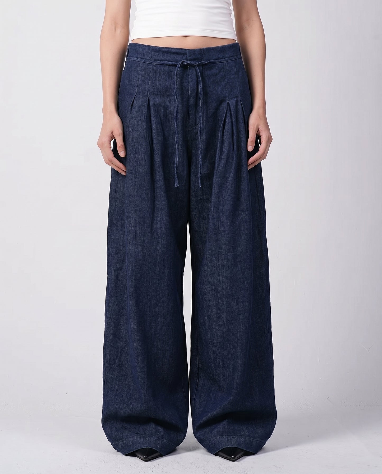Indigo Darted Wide-Leg Denim Pants