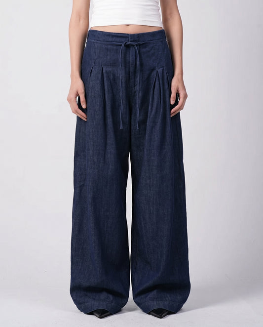 Indigo Darted Wide-Leg Denim Pants