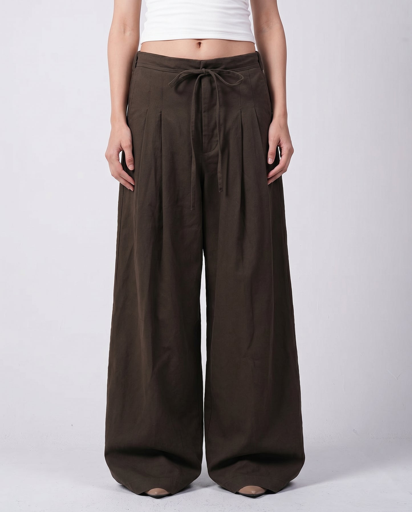 Brown Darted Wide-Leg Linen Pants