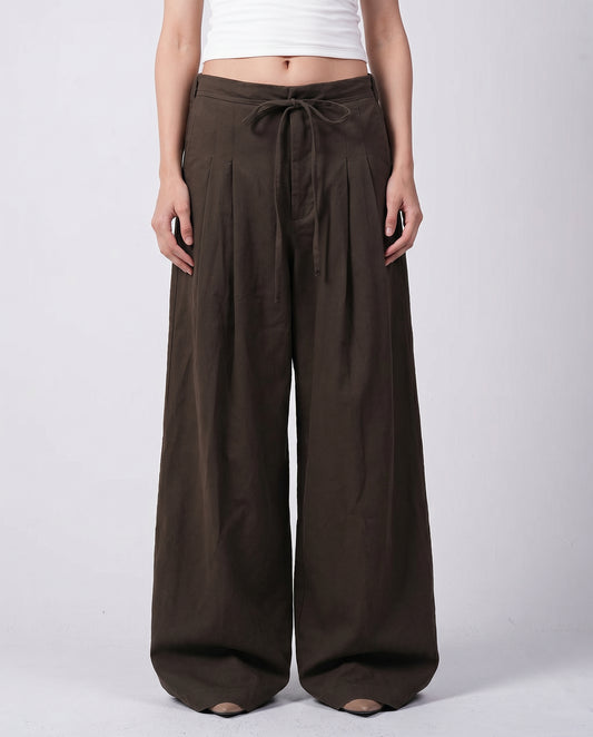 Brown Darted Wide-Leg Linen Pants