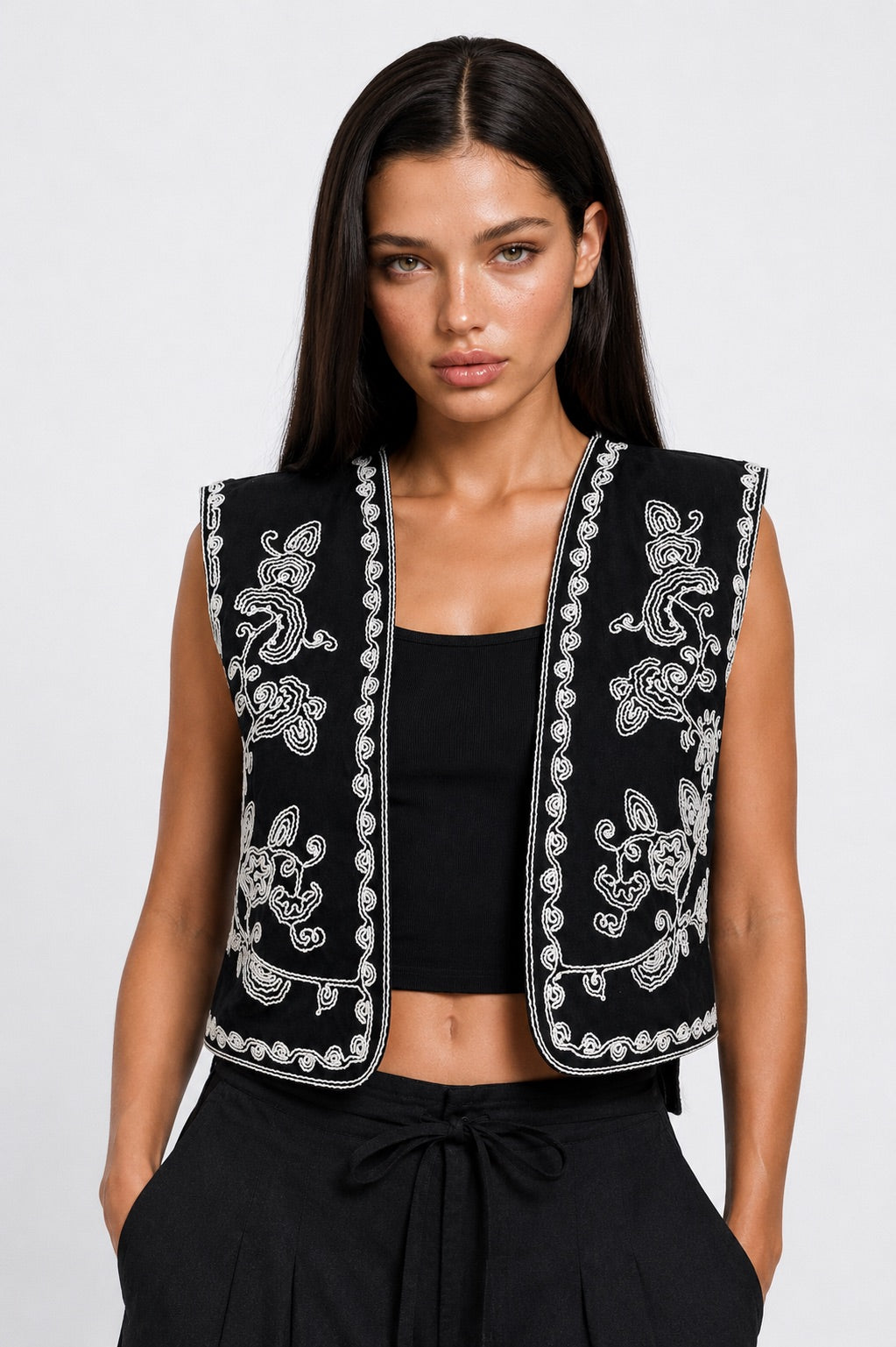 Black Arabesque Embroidered Linen Vest