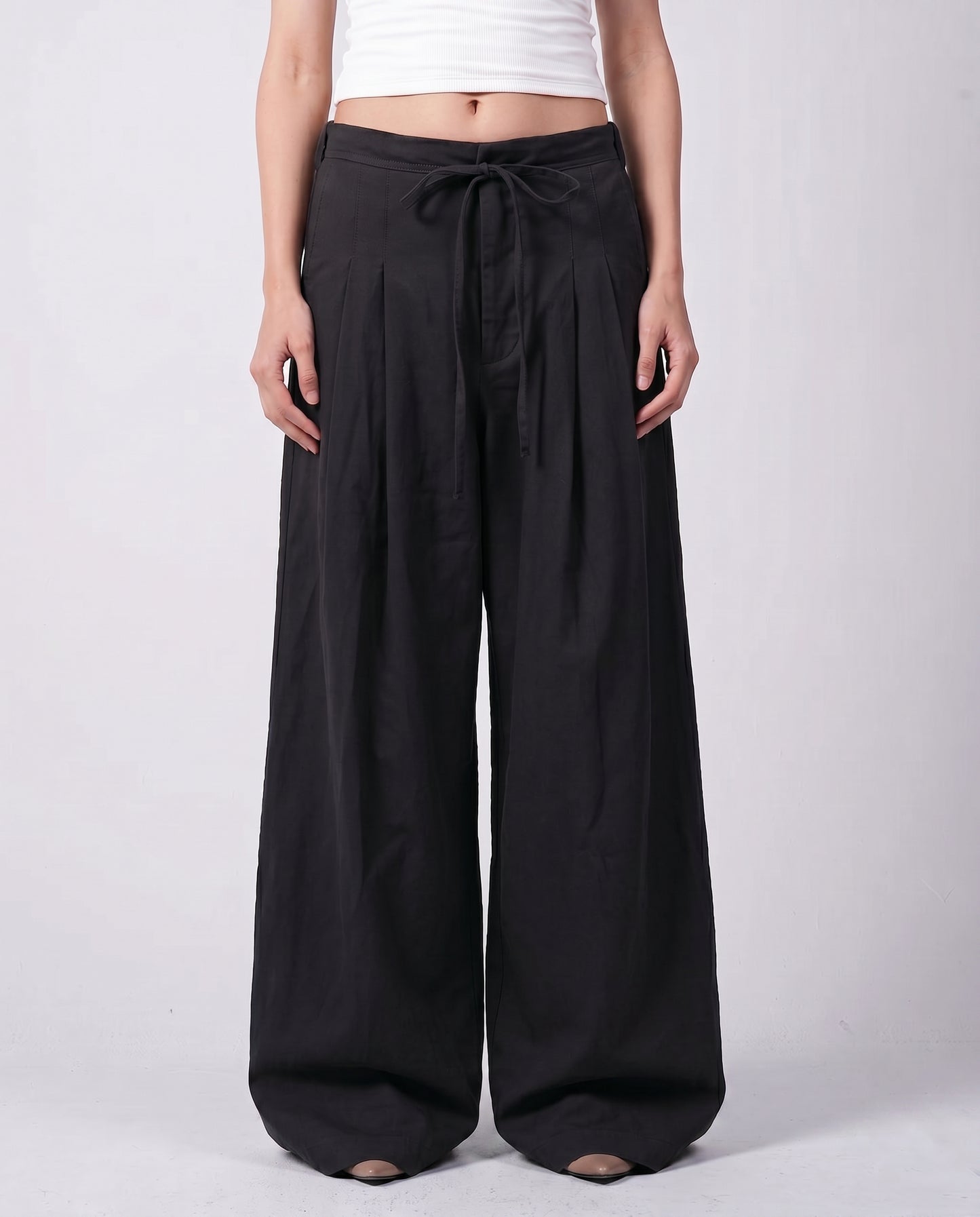 Black Darted Wide-Leg Linen Pants