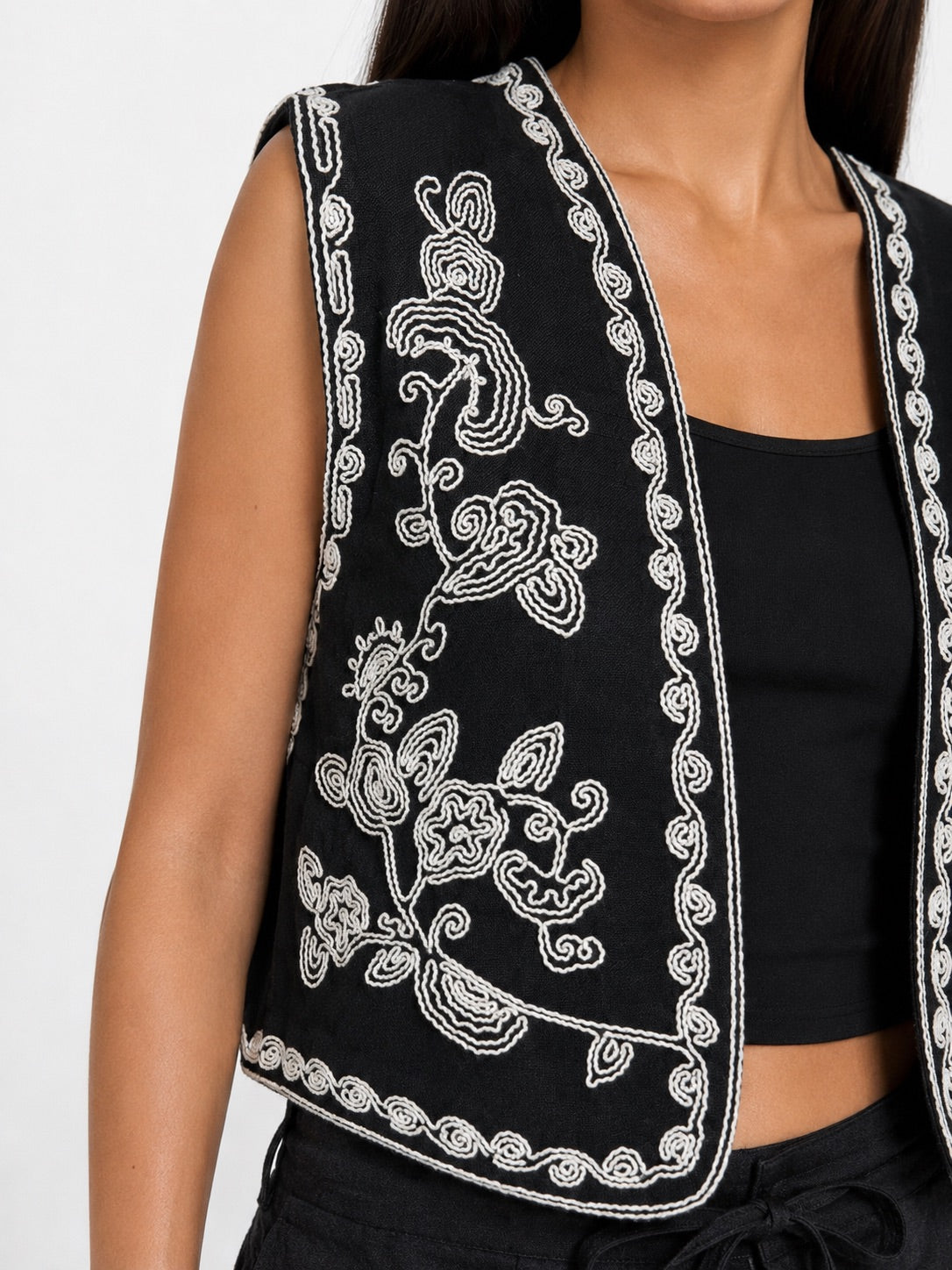 Black Arabesque Embroidered Linen Vest