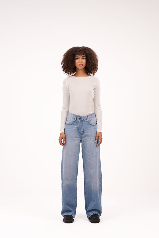 Crossed-Waist Sky Blue Denim Pants