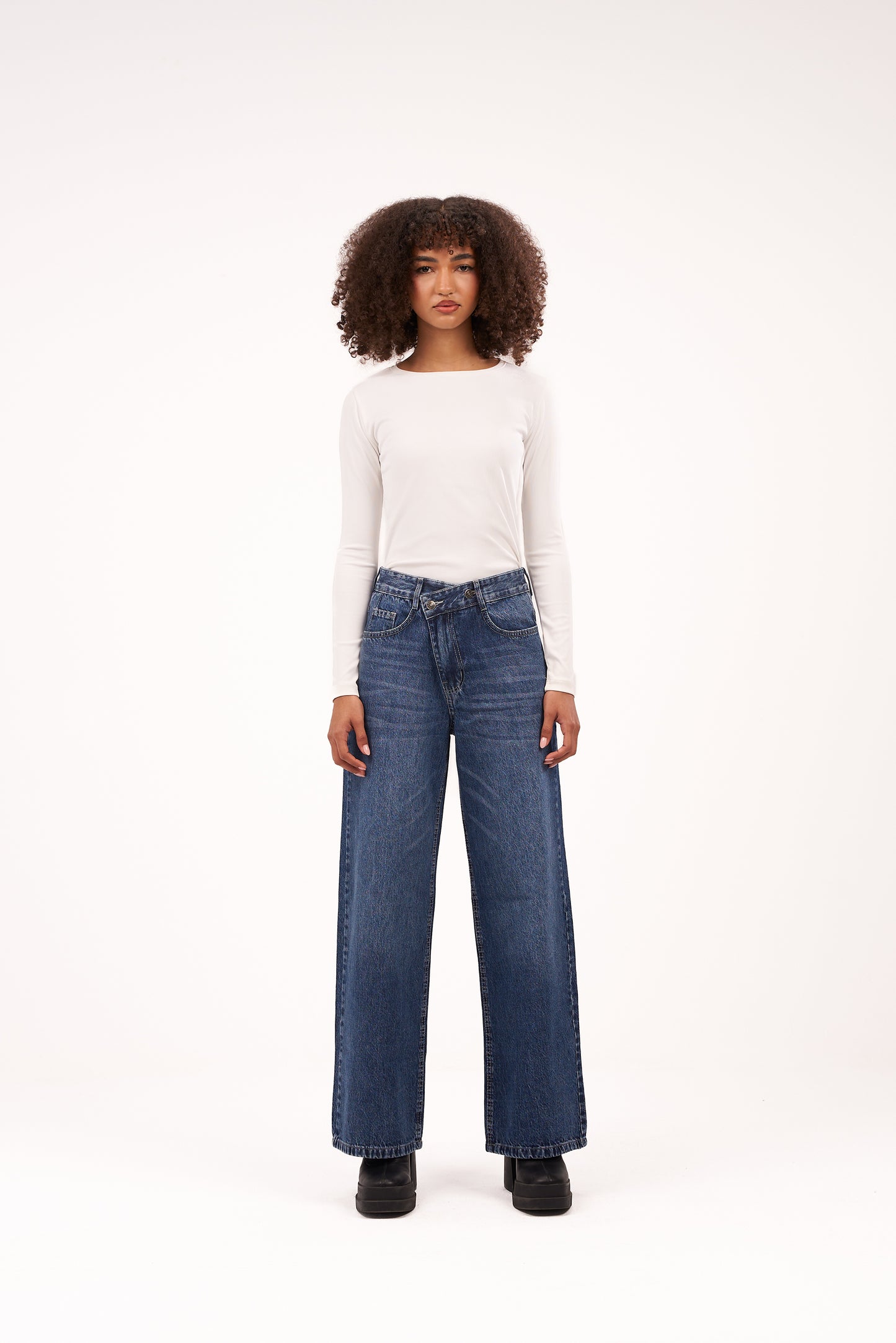 Crossed-Waist Dark Blue Denim Pants