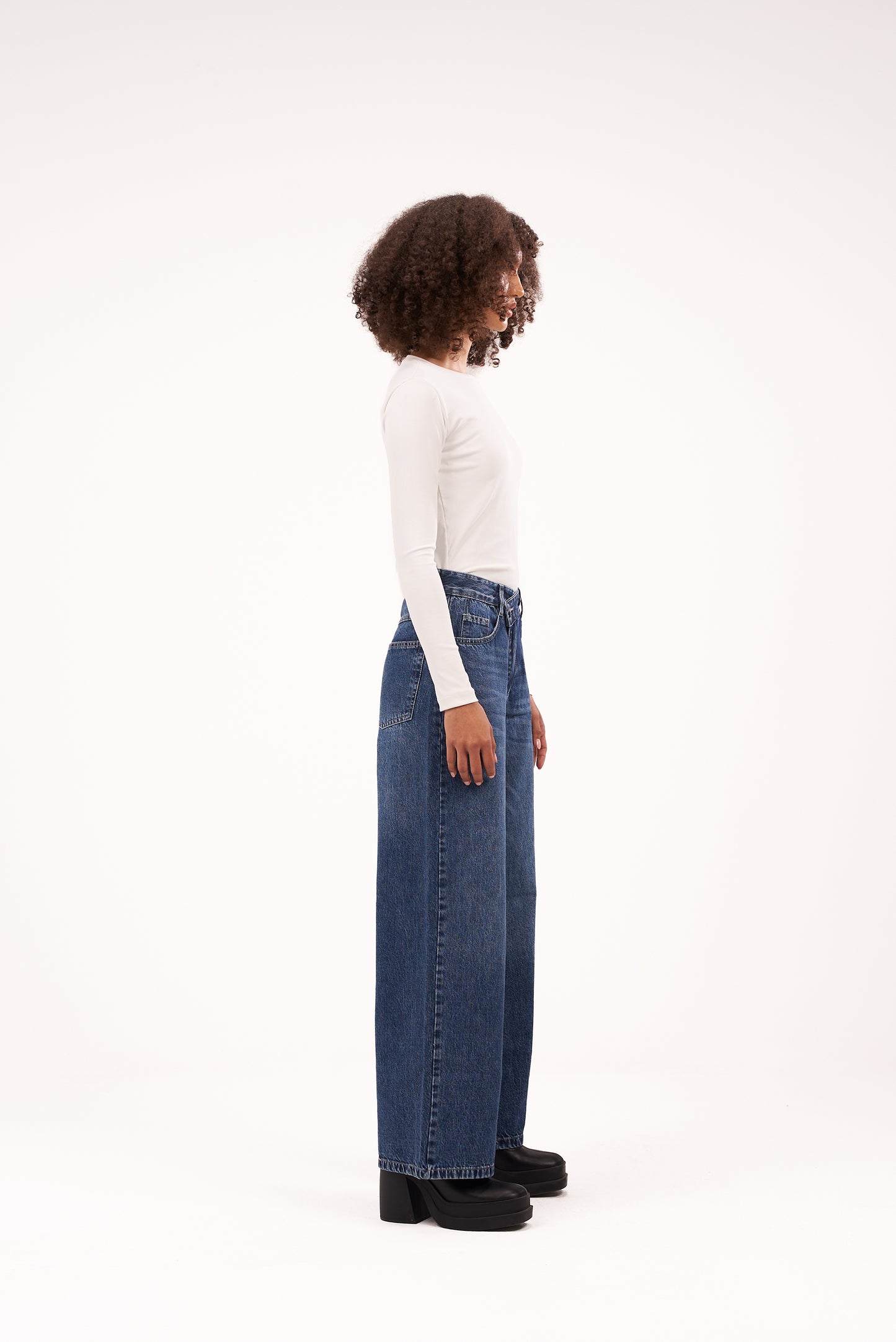 Crossed-Waist Dark Blue Denim Pants