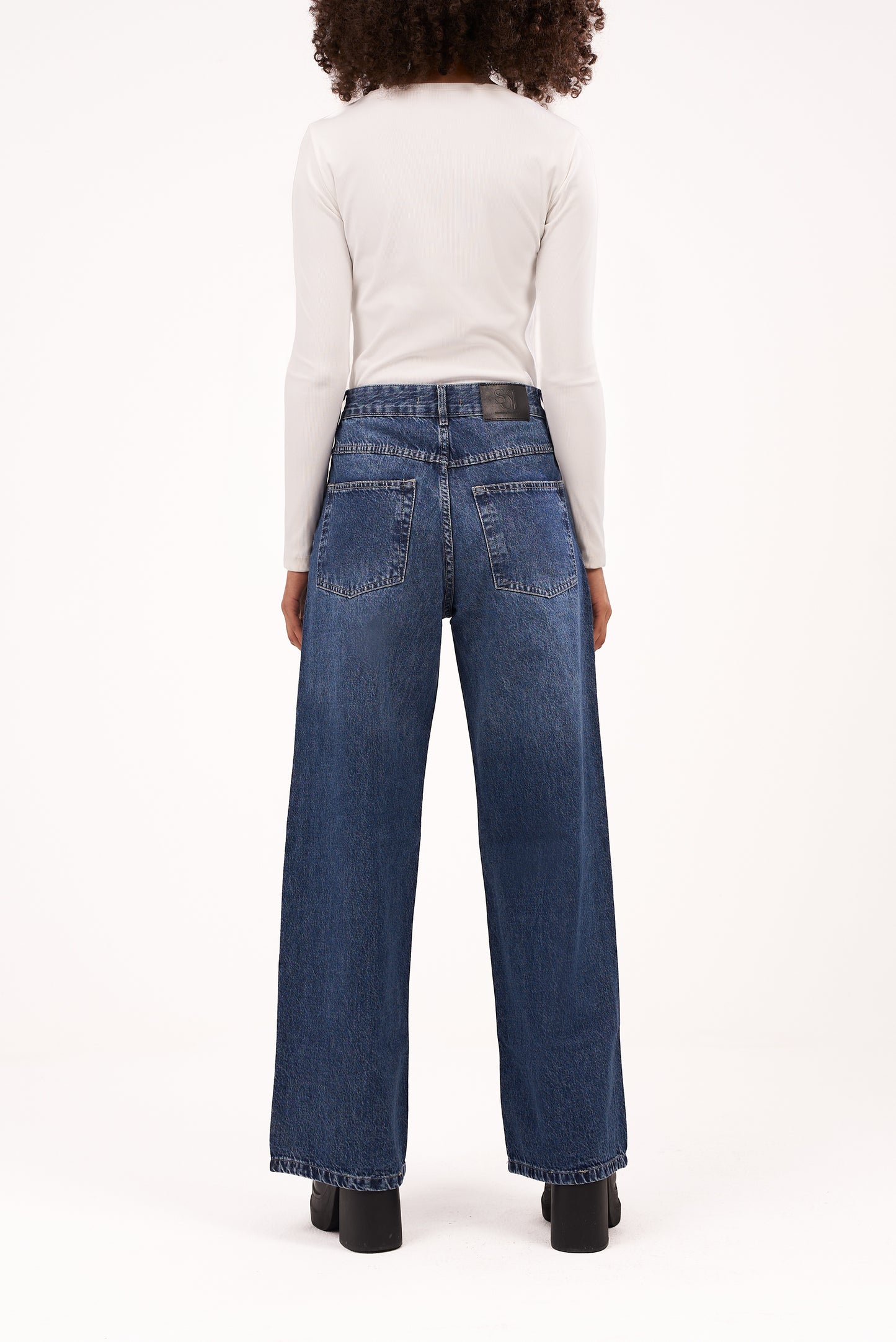 Crossed-Waist Dark Blue Denim Pants