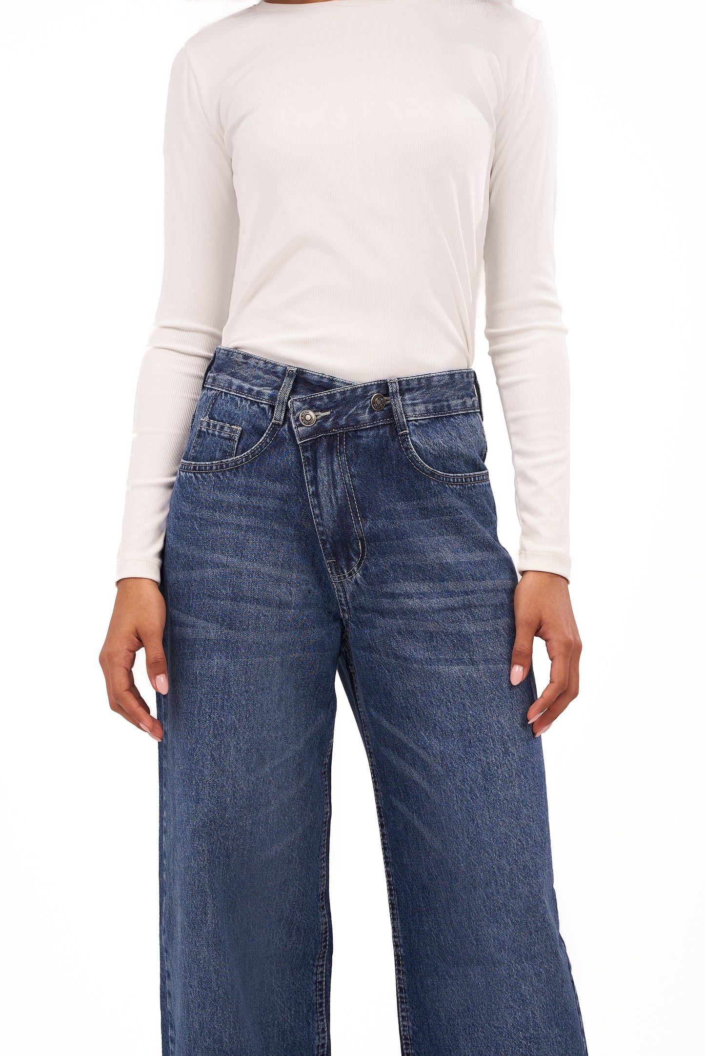 Crossed-Waist Dark Blue Denim Pants