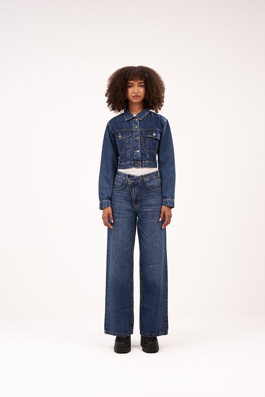 Dark-Blue Crossed-Waist Denim Set