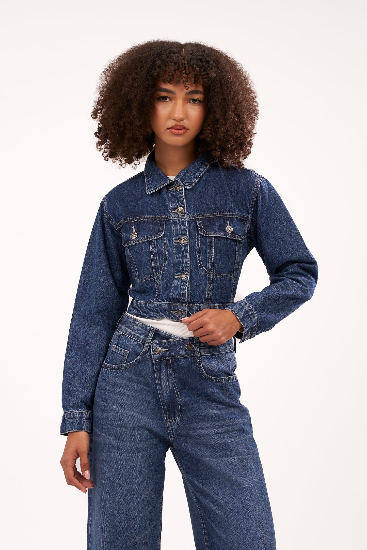 Crossed-Waist Dark Blue Denim Pants