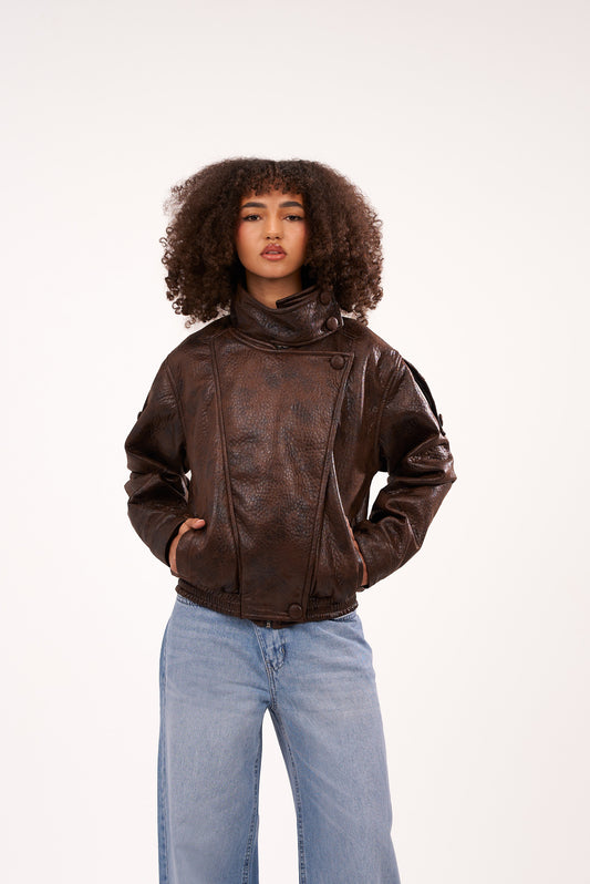 Faded-Brown Biker Leather Jacket