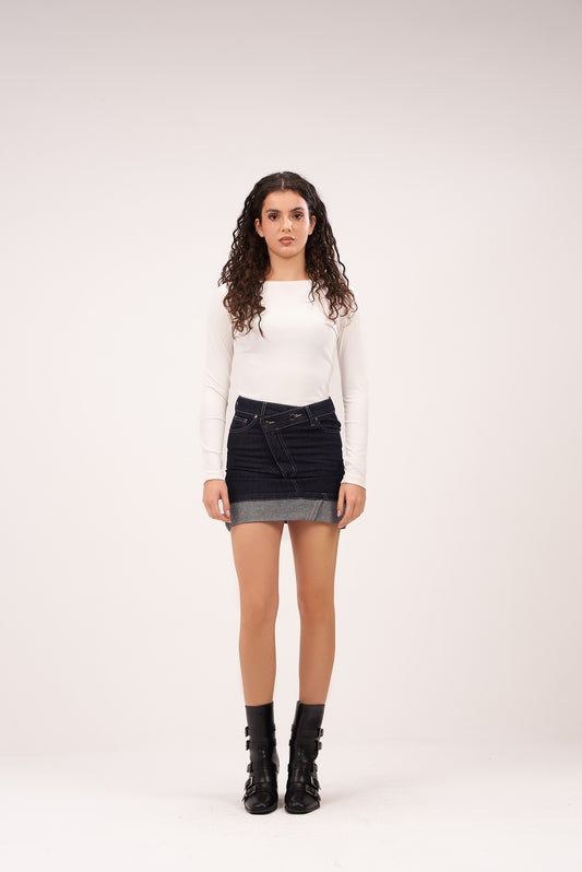 Crossed-Waist Folded Navy Blue Skirt