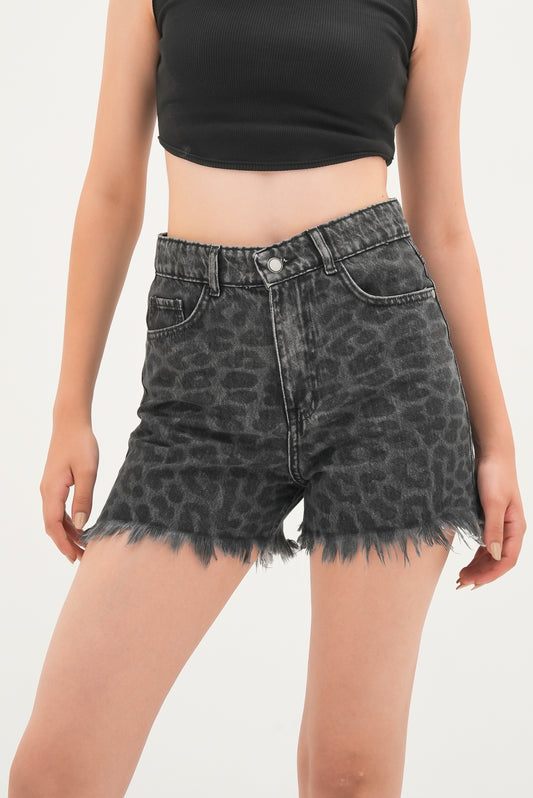 Black Leopard Denim Shorts