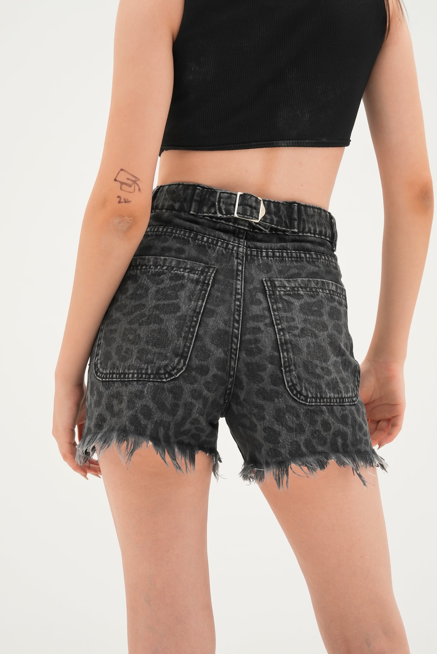 Black Leopard Denim Shorts