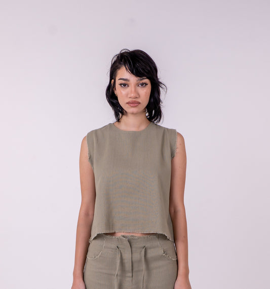 Olive Green Unfinished Linen Top