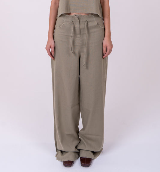 Olive Green Linen Wide-Leg Unfinished Pants