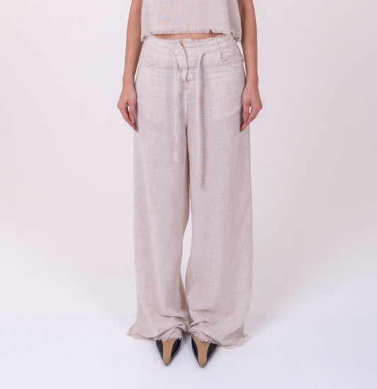 Beige Linen Wide-Leg Unfinished Pants