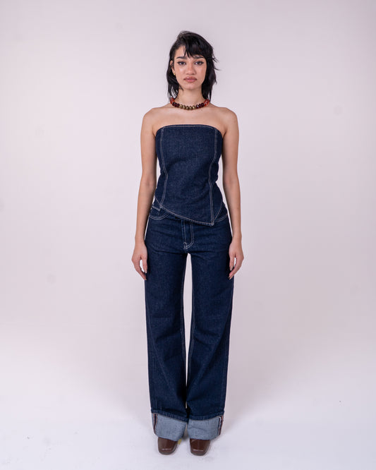 Navy Blue Denim Corset Set