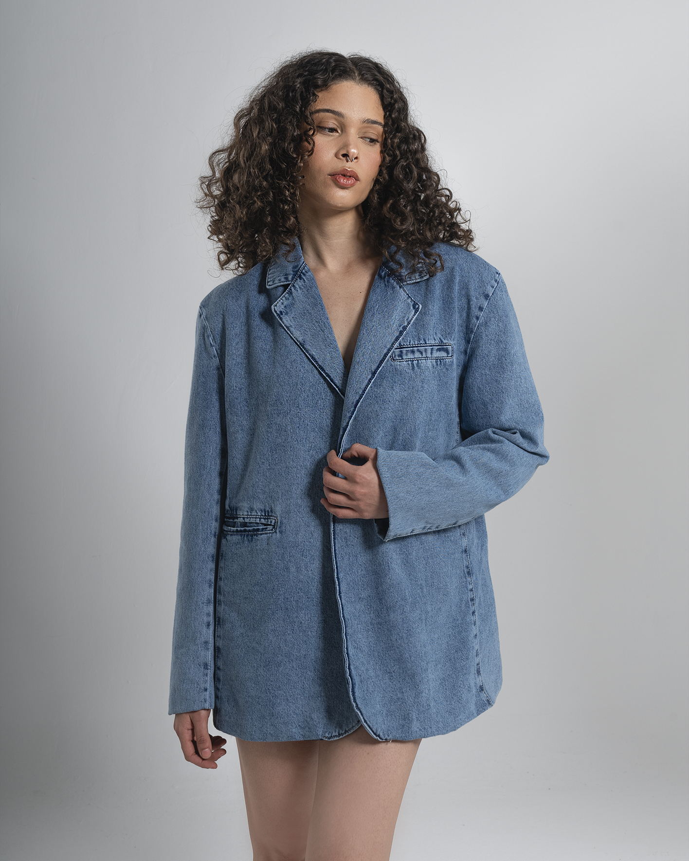 Oversized Denim Blazer with Detachable Floral