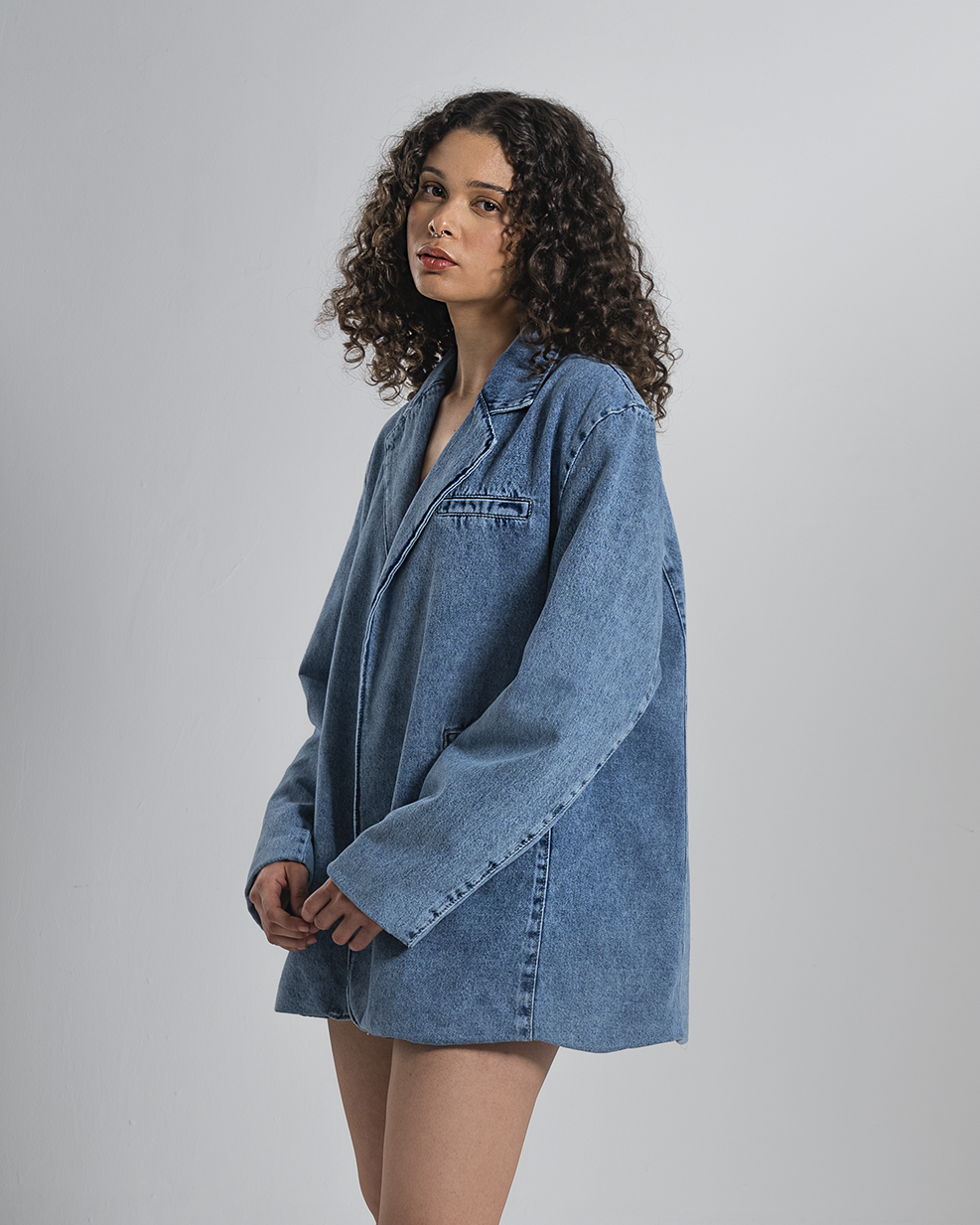 Oversized Denim Blazer with Detachable Floral