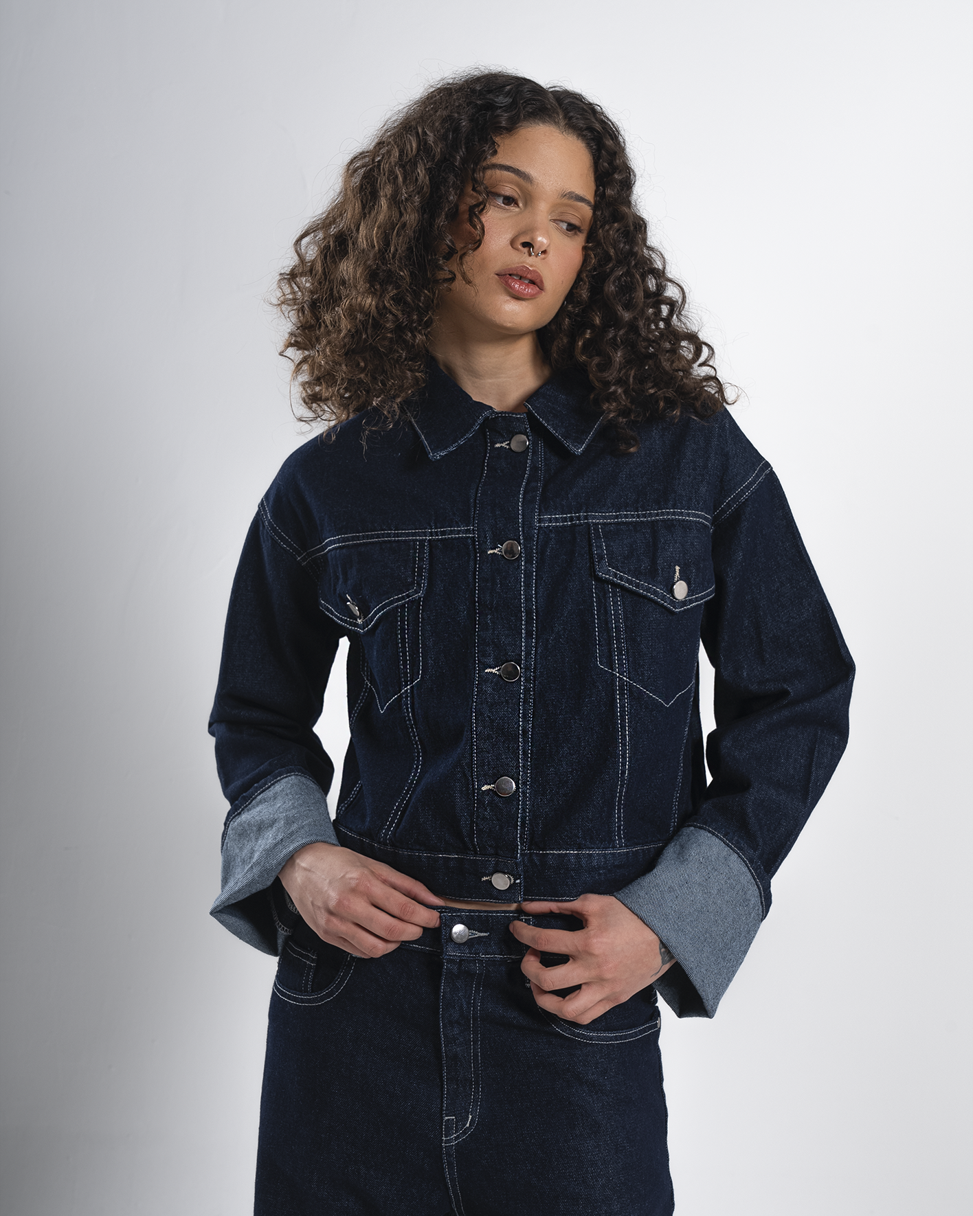 Folded Oversized Navy Blue Denim Jacket