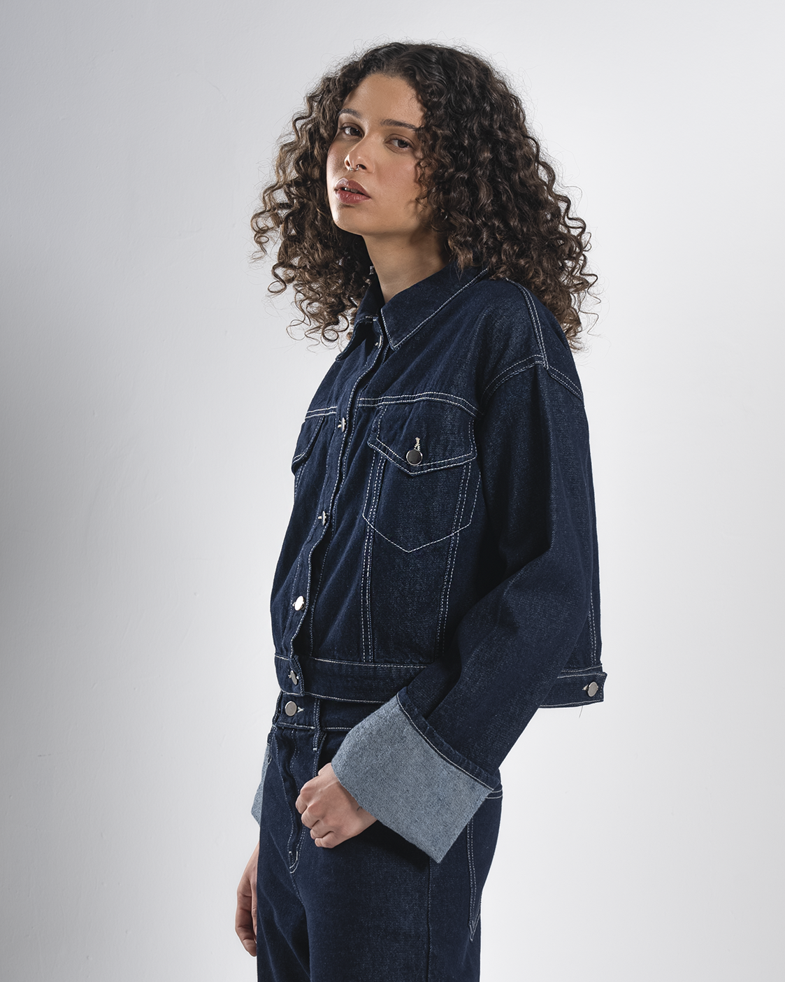 Folded Oversized Navy Blue Denim Jacket